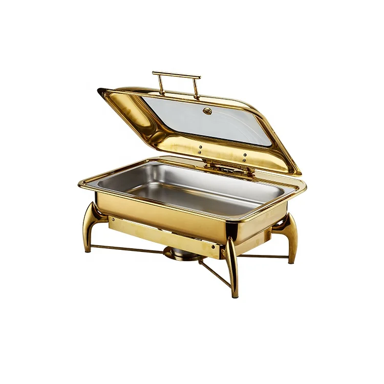 Прямоугольная тарелка из нержавеющей стали, оборудование для кейтеринга, двойная кастрюля, 9 л, золотая, с откидной крышкой