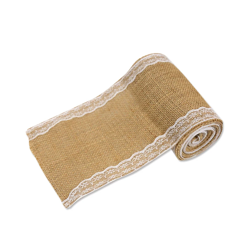 Wholesale hemp linen lace embroidered burlap roll 100% jute fabric lace ribbon for decoration