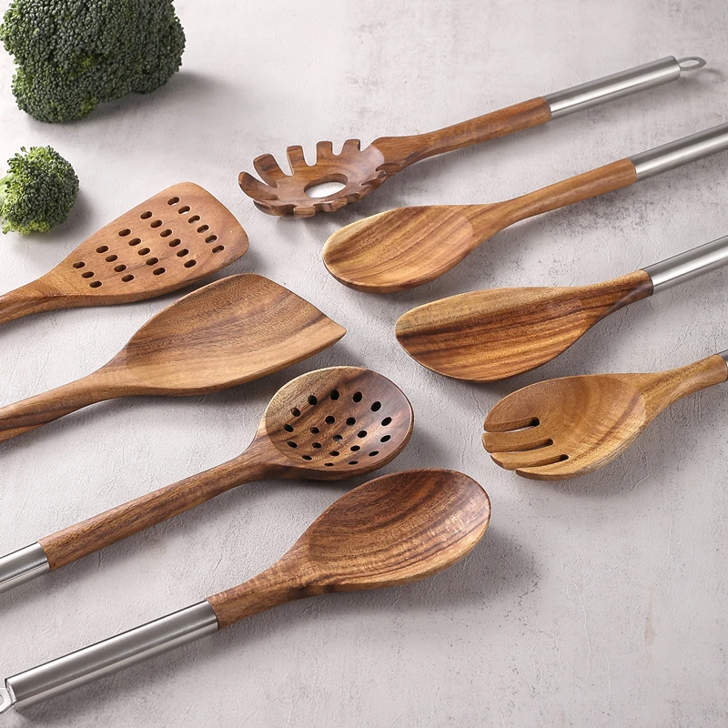 Manjia 8 PCS Kitchen Utensils Wooden Spoon Spatula Natural Acacia Wood Utensils Set with Stainless Steel Handle