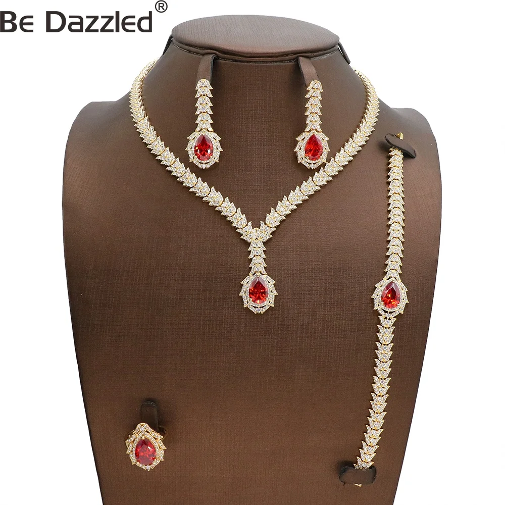 New Sparkling Drop Crystal Jewelry Sets With High Quality 24k Gold Ruby Stone Cubic Zirconia 4pcs Bridal Women Jewelry Set