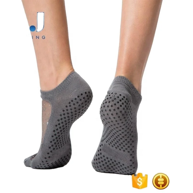 AJ1878 Custom High Quality Organic Cotton Closed Toe Mesh Transparent Women Ankle Yoga Socks With Grip