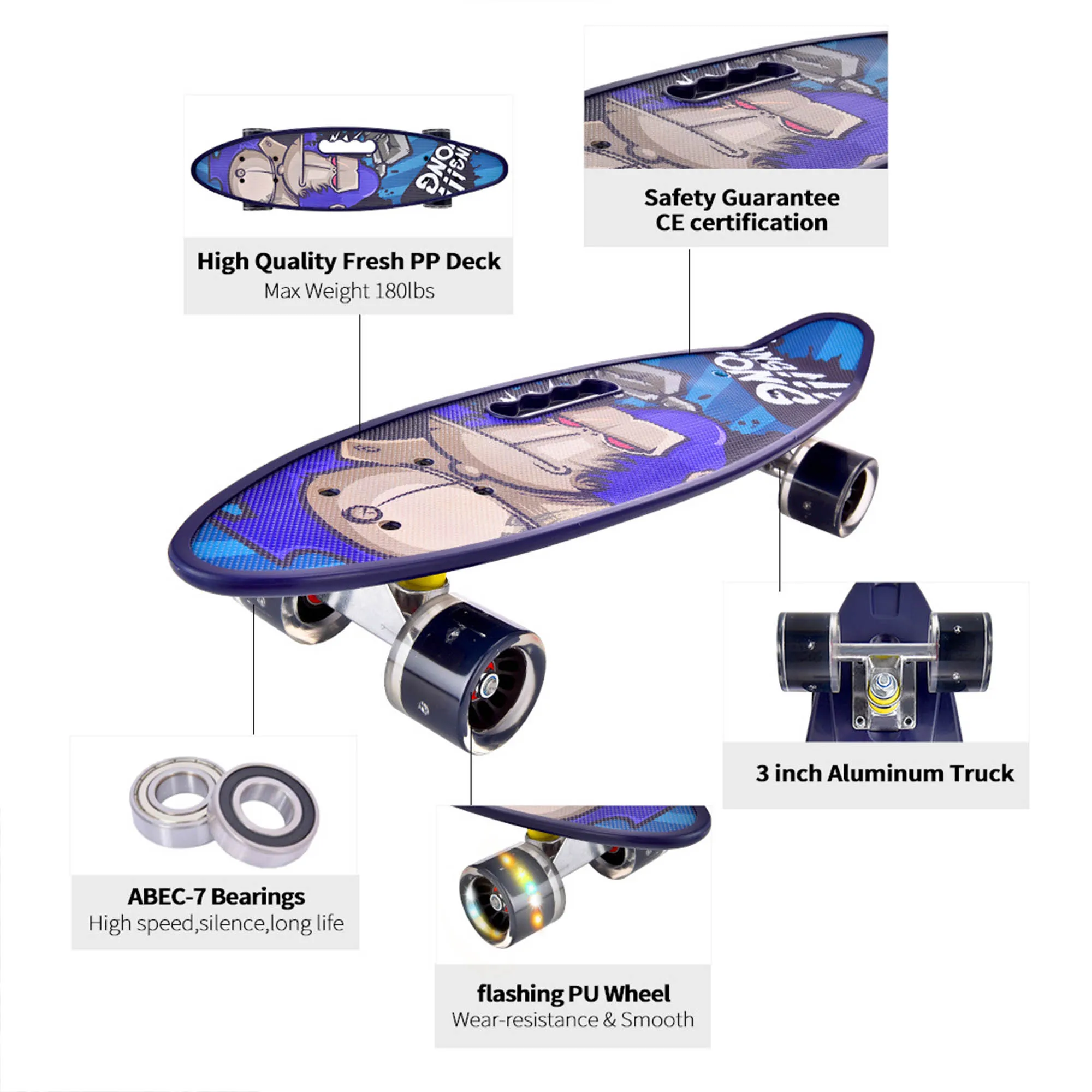 
Haoyo 22 inch complete blank deck plastic fish board cruiser skateboard with big LED wheel 