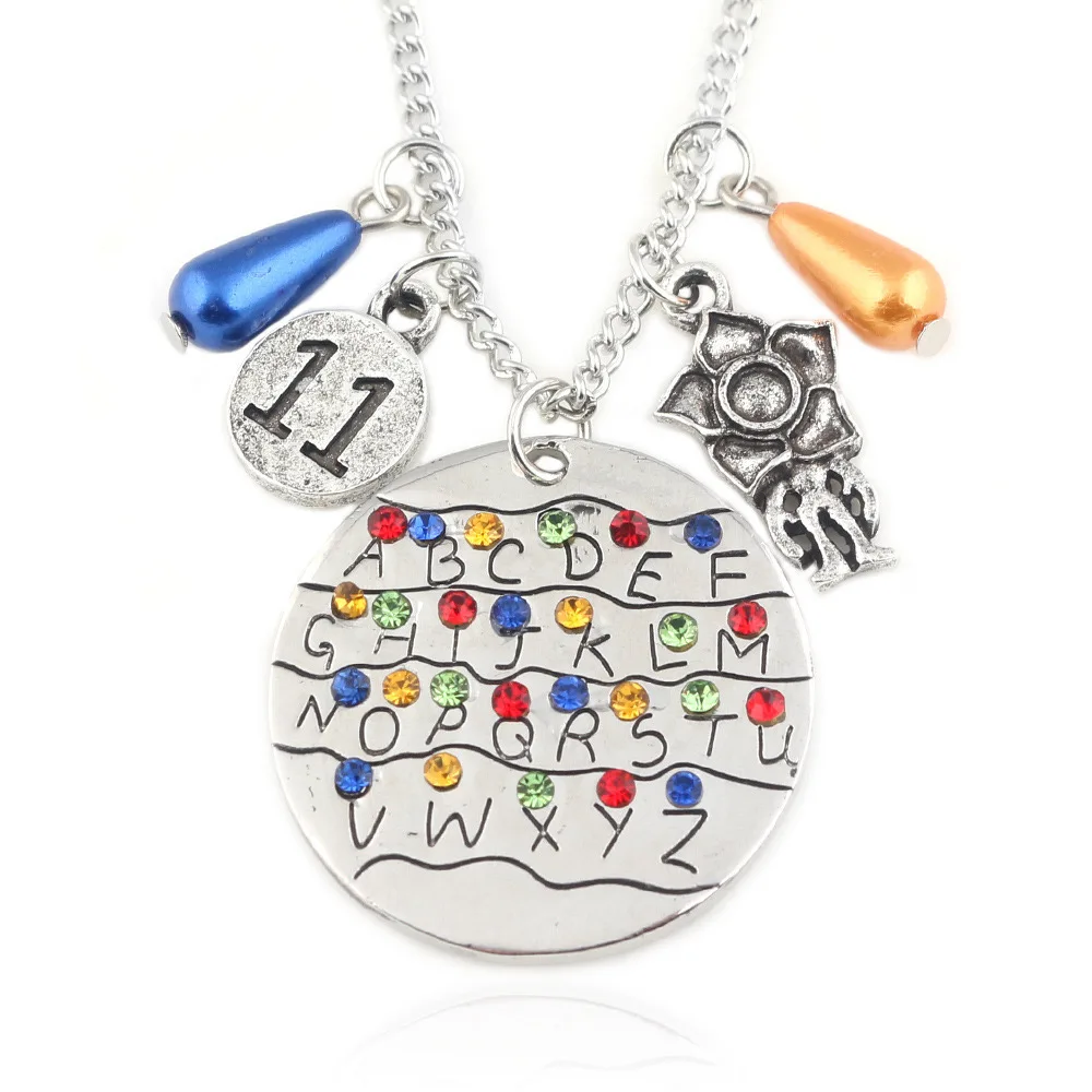 Stranger Things No. 11 Vintage Pendant Necklace 26 Letter Design with Turquoise Geometric Rope Chain