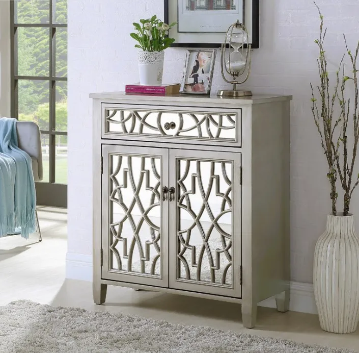 Nordic Mirror Cabinet Light Luxury Glass Wood Carving Pattern Storage Antique Console Cabinet Living Room