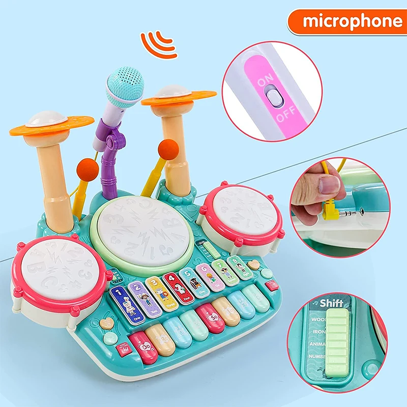 Electronic Baby Musical Toys 3 in 1 Piano Keyboard Xylophone Drum Set with Microphone