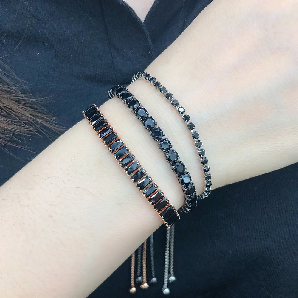 Black Crystal Tennis Bracelet for Men Women Adjustable Steampunk Zirconia Bangle Chain on Hand Hip Hop Hippie Punk Gifts Jewelry