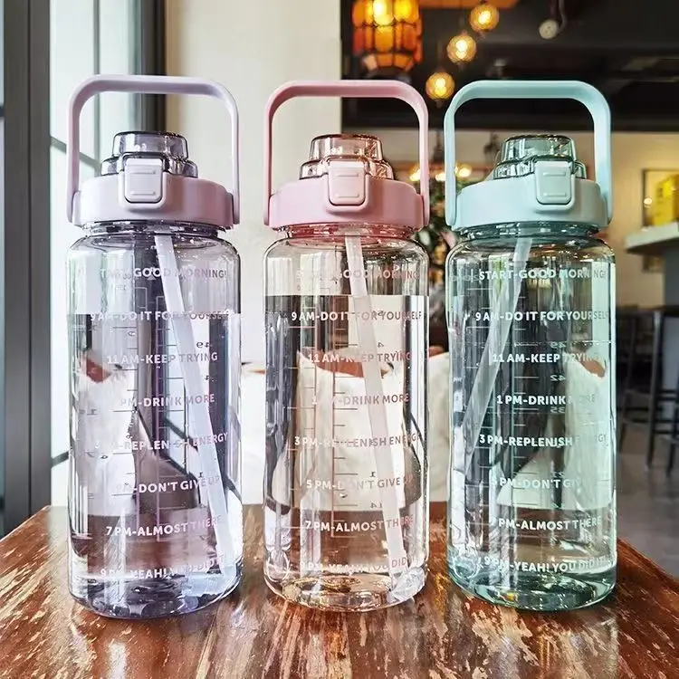 2024 Hot Products Customized Logo Large Capacity 2000ml Pink Purple Outdoor Sports 2L Plastic Straw Water  Bottle With Scale