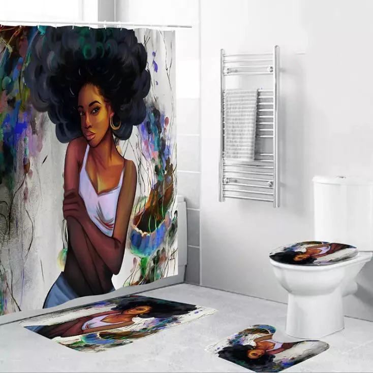 
New design OEM 4 pieces waterproof bathroom deco black women art african american shower curtains 