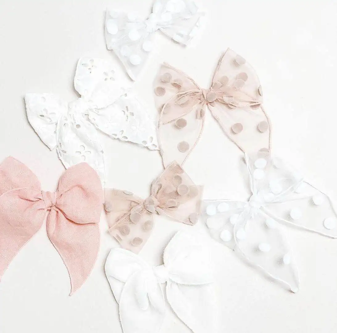 Baby Girl custom handmade tulle hair bow embroidery hair bow linen hair clips