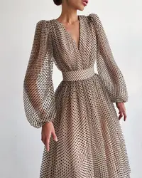 Long Dress Chiffon Summer Wholesale ladies autumn v-neck Midi dress puff sleeve polka dot flutter sleeve evening Spot dresses