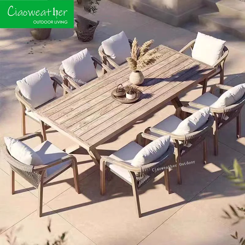 Hotel Outdoor Standard Patio Rope Weaving Teak Wood Garden Table Outdoor Furniture Dining Table and Chair Set