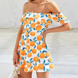 2022 New Design spring and summer fruit printing Beach Mini Dress French one-shoulder picnic casual dress