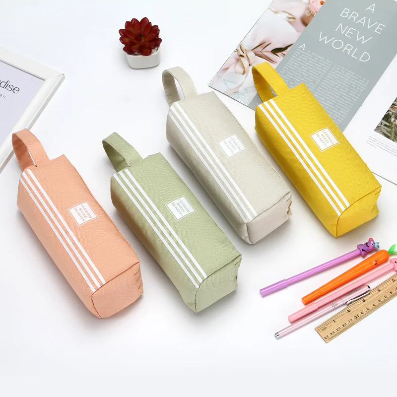 Gelory New Simple Solid Color Striped Double-Layer Pencil Case Pencil Case Student Creative Large Capacity Portable Pencil Case