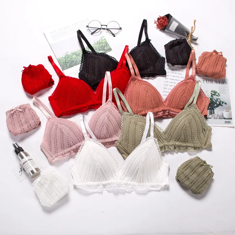 Triangle Cup Lace Women Underwear Thin Bra Push Up Soft Underwear and Panty Bra Set Without Rim Gather Brassiere