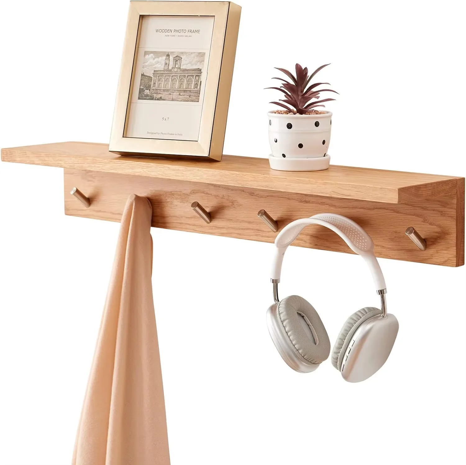 Wall Mounted Coat Rack Shelf Oak Wood Coat Hook Rack with 6 Hooks Floating Entryway Shelf Wall Rack for Bedroom Living Room