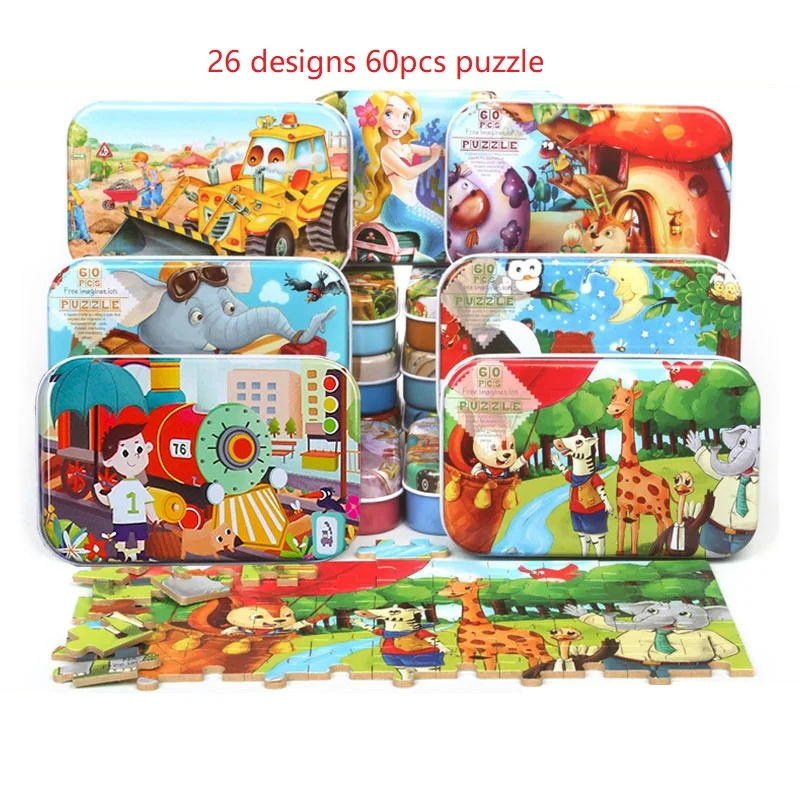 60 pcs wooden puzzle Metal box children educational Jigsaw Puzzle Iron Box  early education wooden toys
