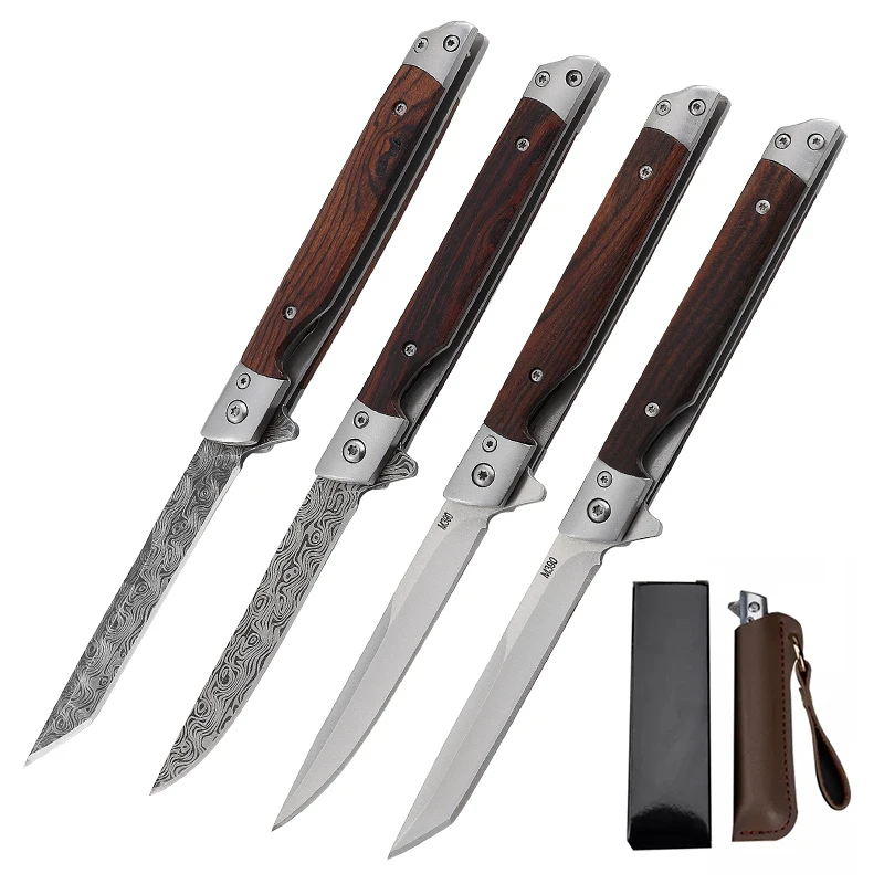 Free Sample Factoryd Price Damascus Pattern Blade Outdoor Folding Pocket Hunting Camping Survival Knife With Leather Case
