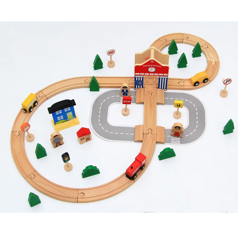 50pcs Beech wood children educational toy car wooden small train track Intelligent DIY wood railway track toys for kids