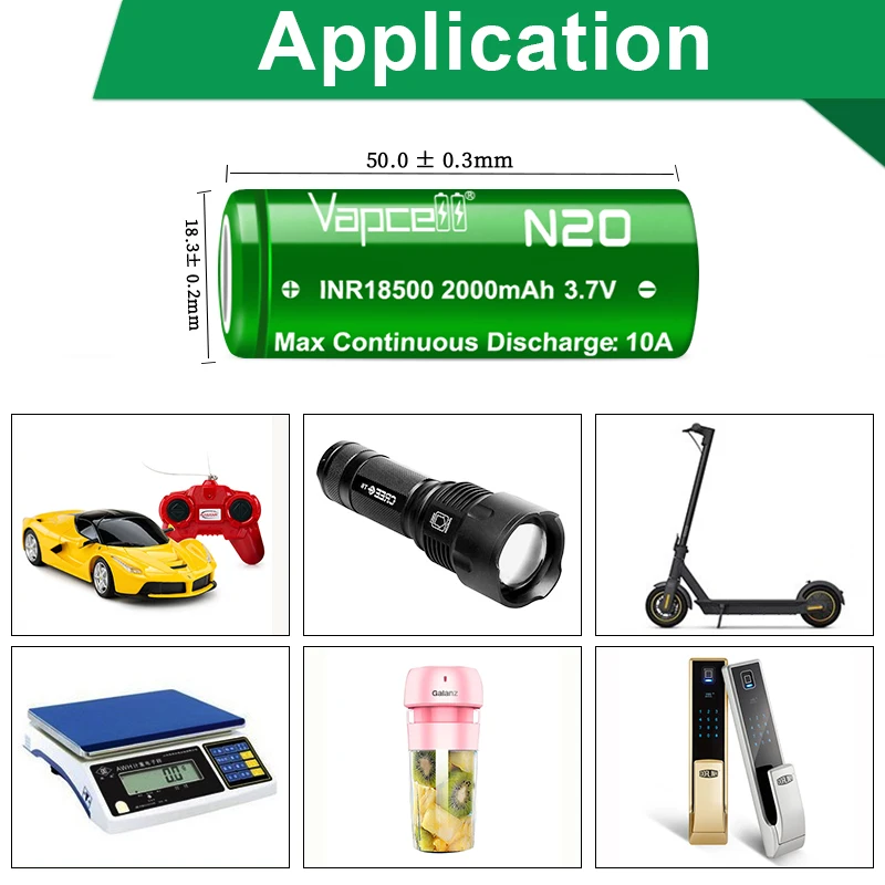 new Vapcell N20 18500 2000mah 10A high capacity and high drain lithium ion battery rechargeable cells for flashlight camera