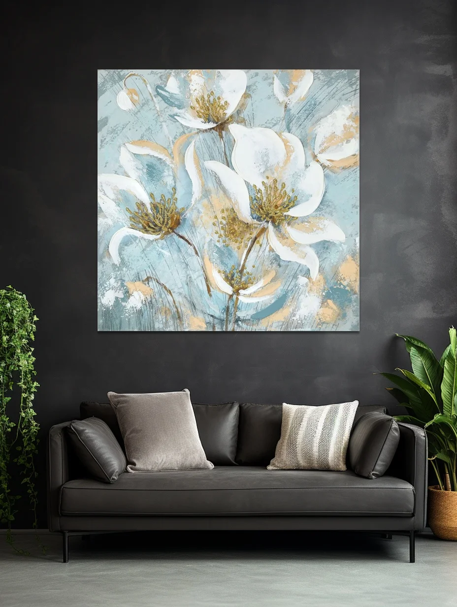 Modern Simple Original Glorious Blooms Light Blue Flower Hand-painted Texture Thick Oil Abstract Living Room  Wall Art