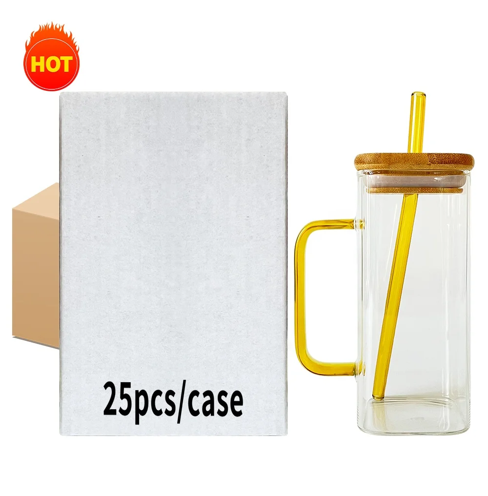 wholesale bulk Recyclable transparent square glass mugs with bamboo lid Unbreakable Drinking Glass Straw Cup