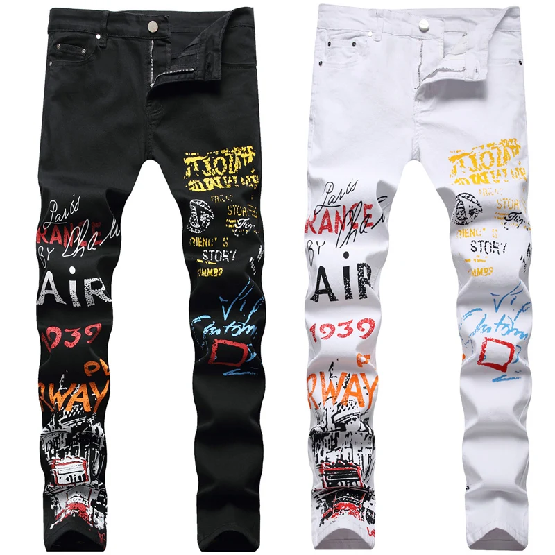 
 Прямая поставка, Стрейчевые хлопковые потертые мужские прямые джинсовые штаны, модные уличные брюки, джинсы с принтом граффити  