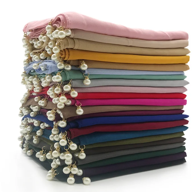 Лидер продаж, однотонный шифоновый женский хлопковый головной платок с жемчугом, хиджаб для женщин, мусульманский