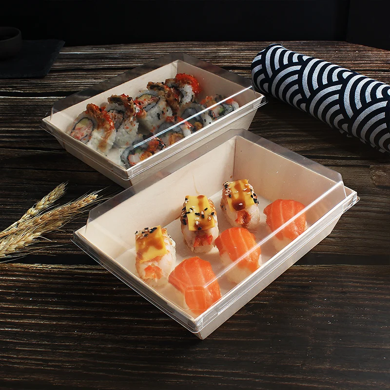 Wholesale Japanese Wooden Sushi Take Away Box Customized Logo Printing Food Container With Clear Lid
