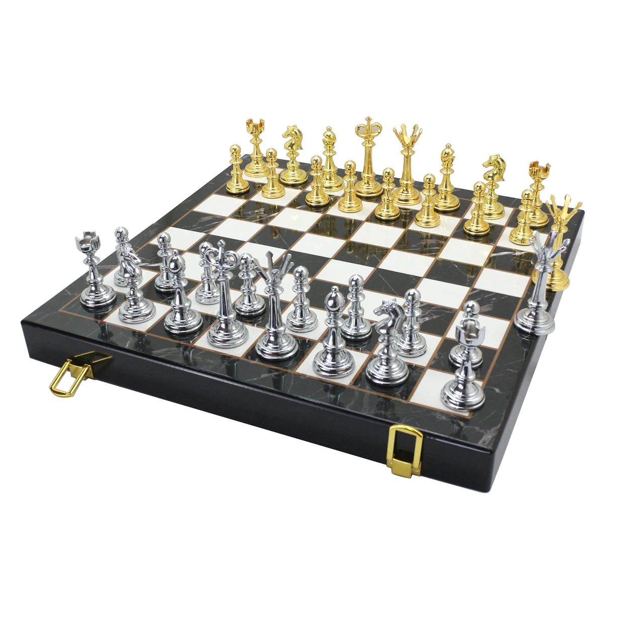 14 Inches Marble Chess Set felted Marble Design Wood Chess Board Metal Chess Pieces Figures Set