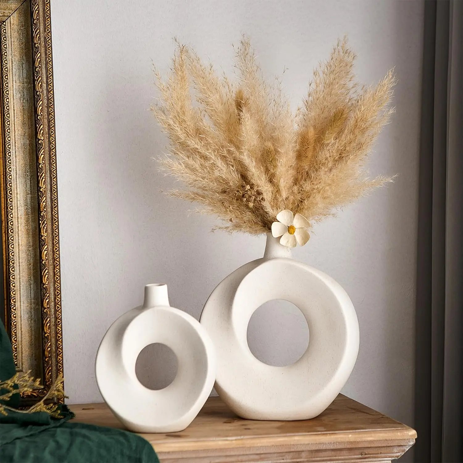 White Ceramic Donut Vase Decor: Set of 2 Hollow Flower s Boho for Flowers Modern Home Living Room Dinning Table Centerpiece Shel