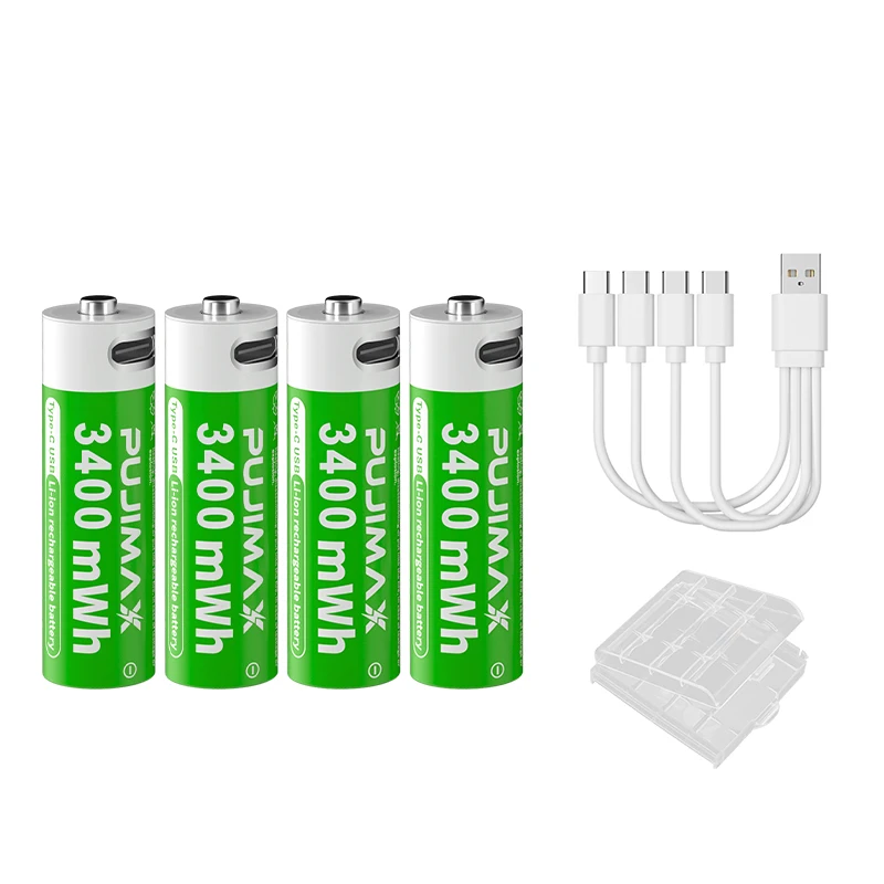 PUJIMAX Cycle Charging Battery 4pcs with Smart Security Fast Charger 1.5V AA Rechargeable Battery Type-C USB-C Port 4 in 1 Cable