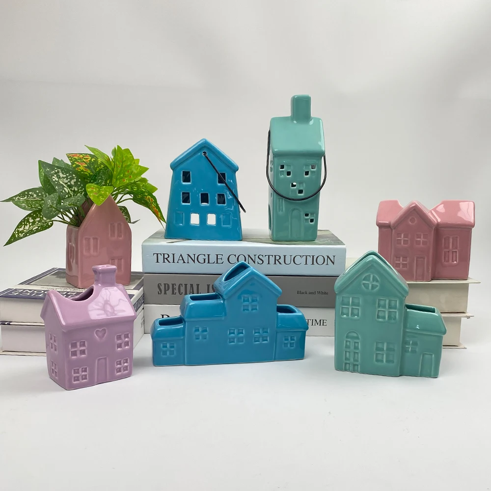 Wholesale Ceramic Vases House Shape Home Decor Dining Table Office Wedding Table Flowers Modern Vases