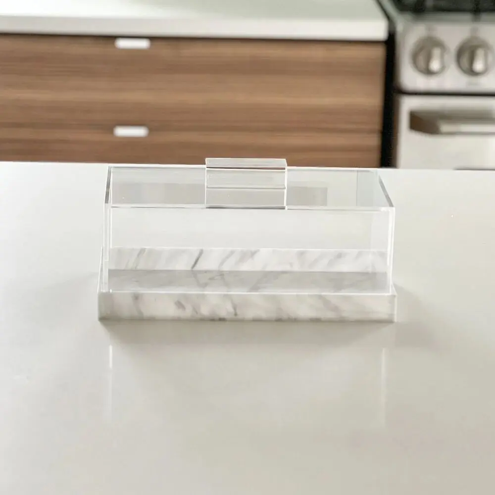 Индивидуальный акриловый прозрачный кухонный торт магазин Lucite декоративный прямоугольный контейнер с белым мраморным основанием и крышкой