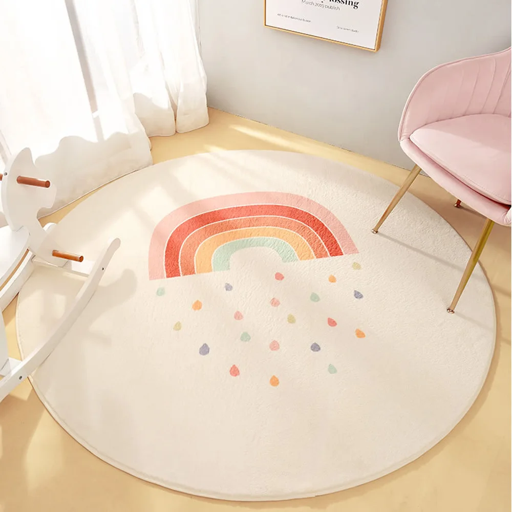 Adorable Rainbow Round Carpet Non-Slip Door Mat Shag Faux Cashmere Area Rugs for Livingroom