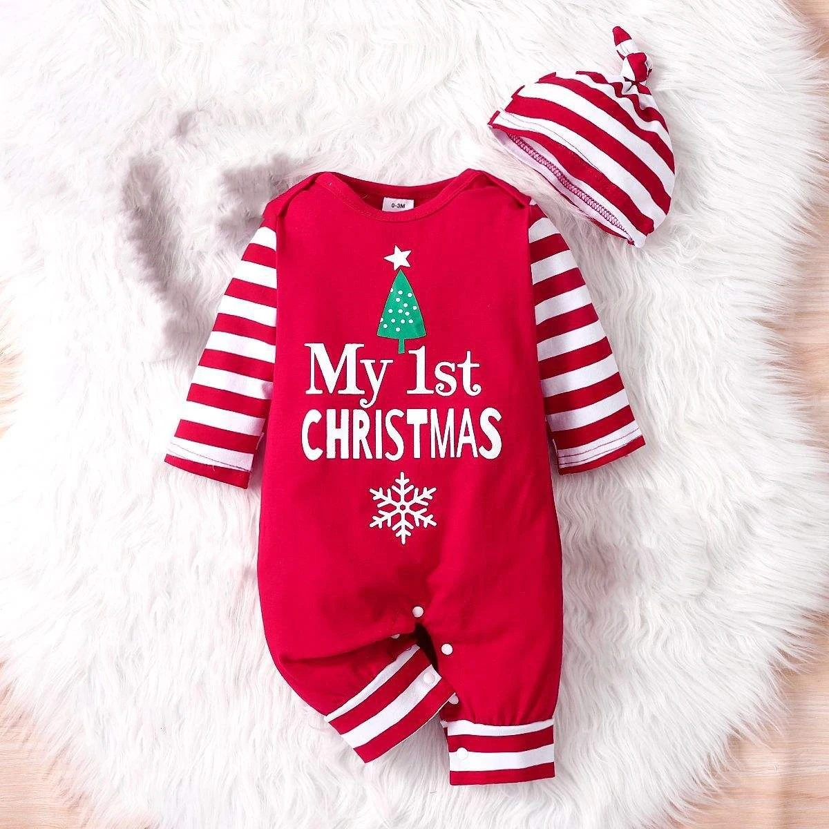 Новогодний детский комплект одежды из 2 предметов детская Рождественская одежда комбинезон с длинным рукавом и шапка мое первое Рождество