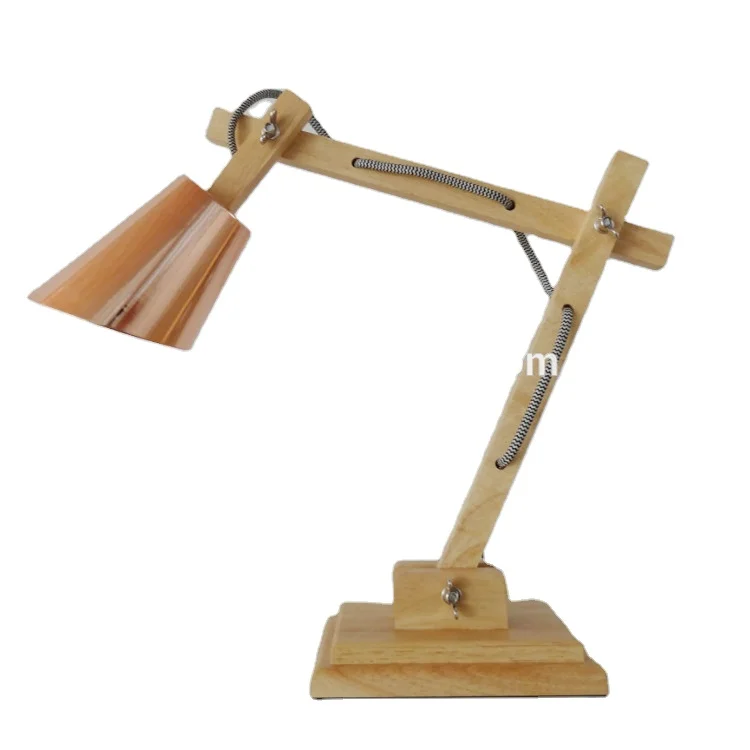 Wooden swing arm table lamp with copper color shade