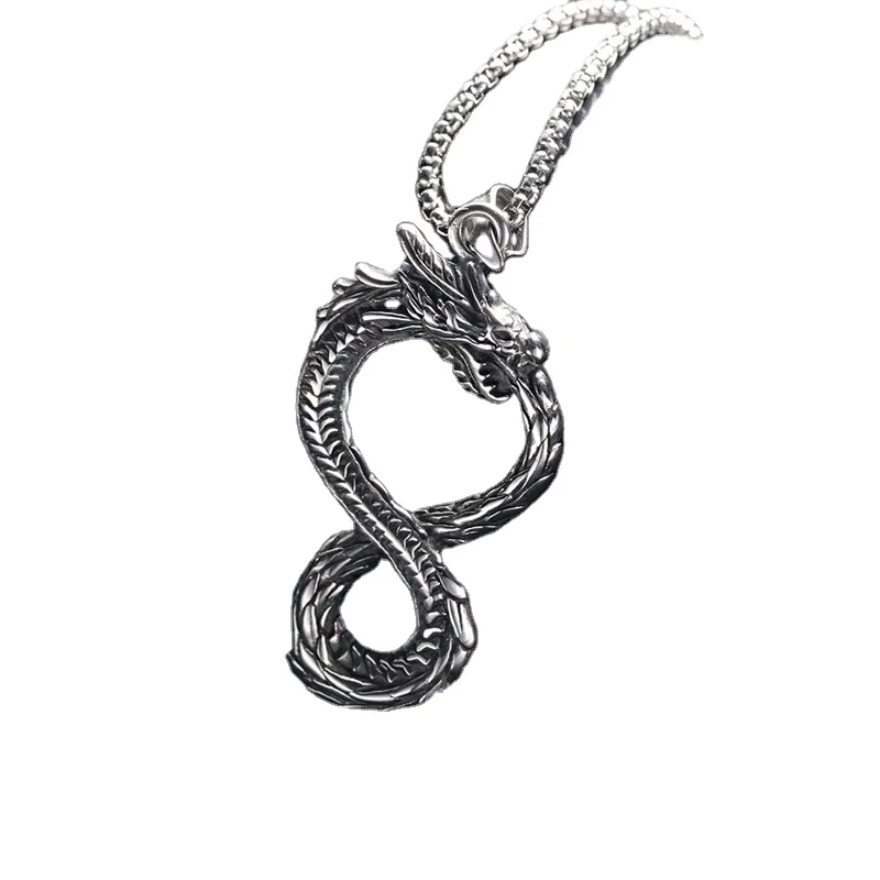 Vintage Silver Plated Dragon Pendant Necklace Unisex Stainless Steel Jewelry with Dragon Charms for Party Gifts for Men Women