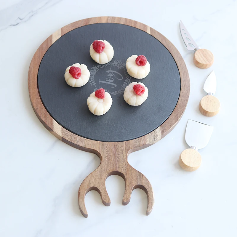 Natural Rectangle Slate Stone Cheese Steak Serving Board Acacia Wooden Home Dishes Cutting Board with Handle