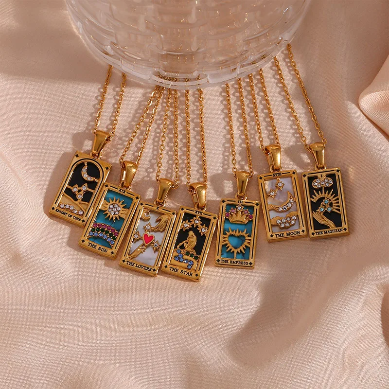 Fashion Square Colorful Enamel Zircon Tarot Cards Pendant Necklace 18K Gold Plated Stainless Steel Necklaces Jewelry  For Women
