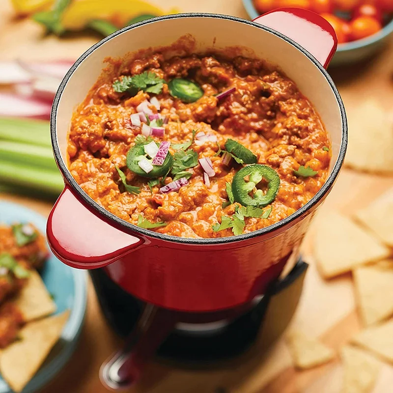 hot sale cast iron enameled fondue set with forks custom color for cheese, meat & chocolate