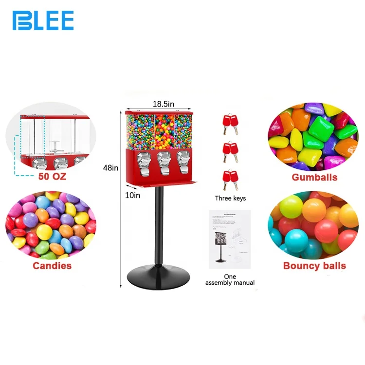 Coin operated red classic candy vending machine business triple compartment gumball dispenser candy vending machine with Stand