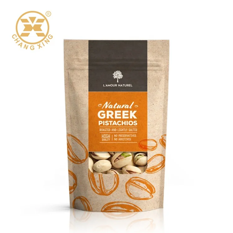 30 Year Printing Factory Customized Stand up Roasted Pistachio Nuts Kraft Paper Ziplock Bags With Window Food Packaging