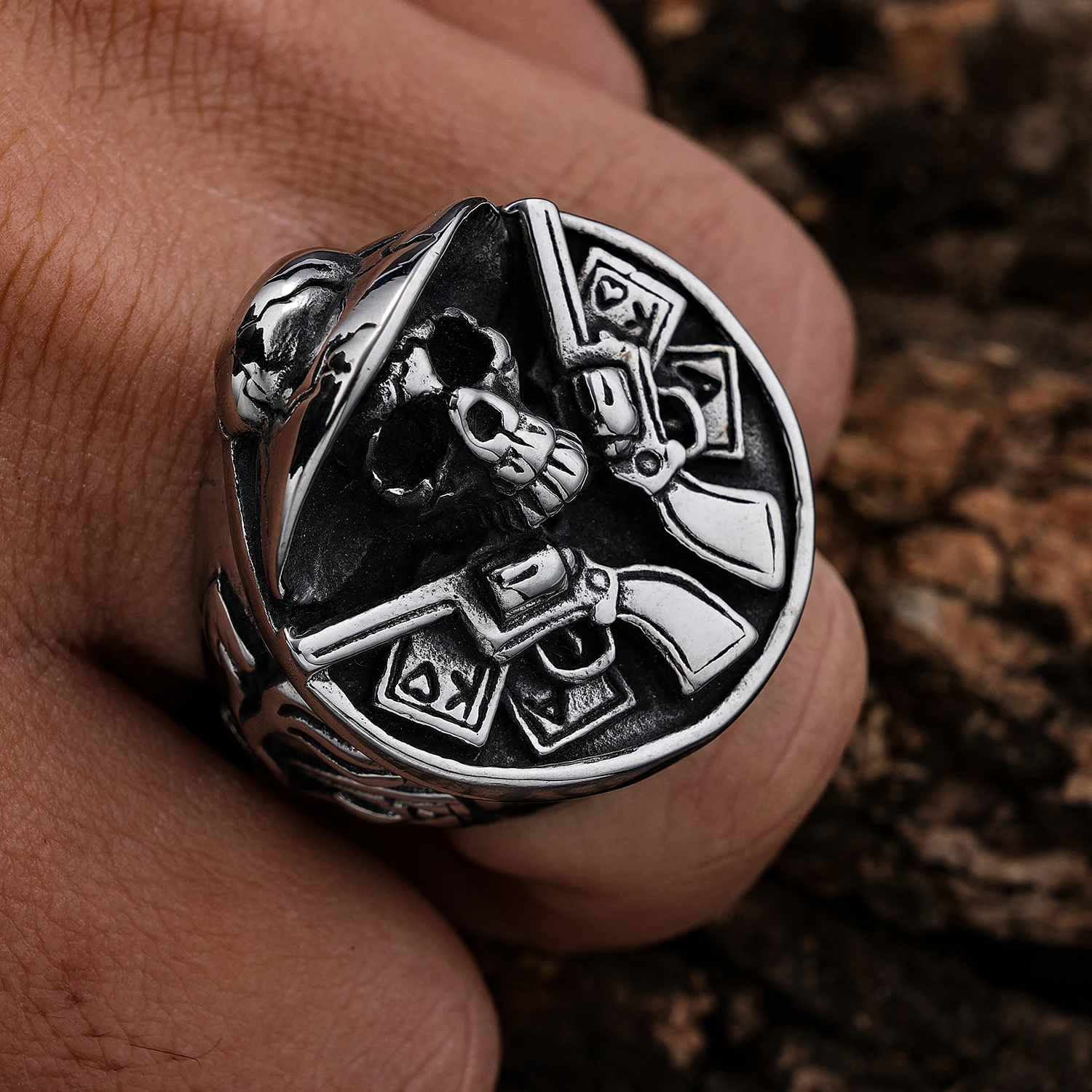 big heavy stainless steel skull ring huge fashion double guns pistol soldier skull spade Ace King Black Jack poker rings for men