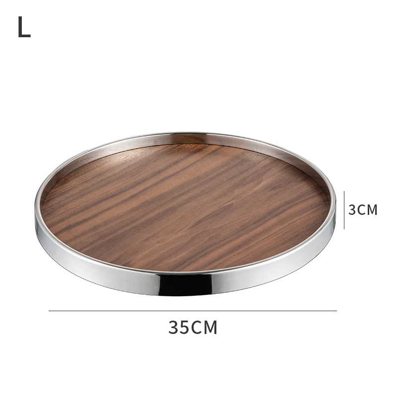 Hotel serving Tray customised light luxury 304 stainless steel round silver tray High-grade walnut wood hotel storage tray