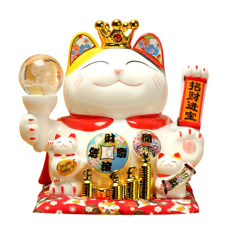 Japanese Ceramic Lucky Fortune Cat Figurines Maneki Neko 10 inches Rocking hand crystal Ball Elvis Grand Treasure Boat