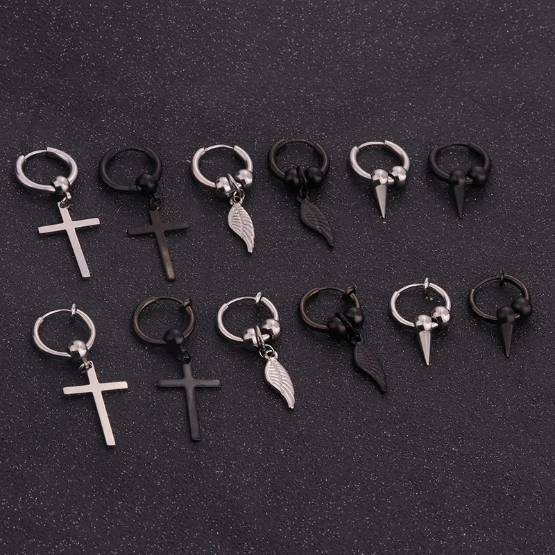 Classic Black Silver Fully Stainless Steel Hoop Earring Feather Cross Spike Hanging Men Women Ear Piercing Jewelry