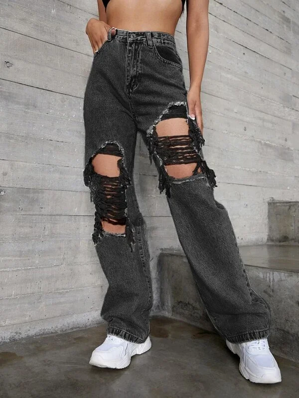 Wholesale New High Waisted Ripped Jeans Casual Wide Leg Denim Pants Outfit For Girls