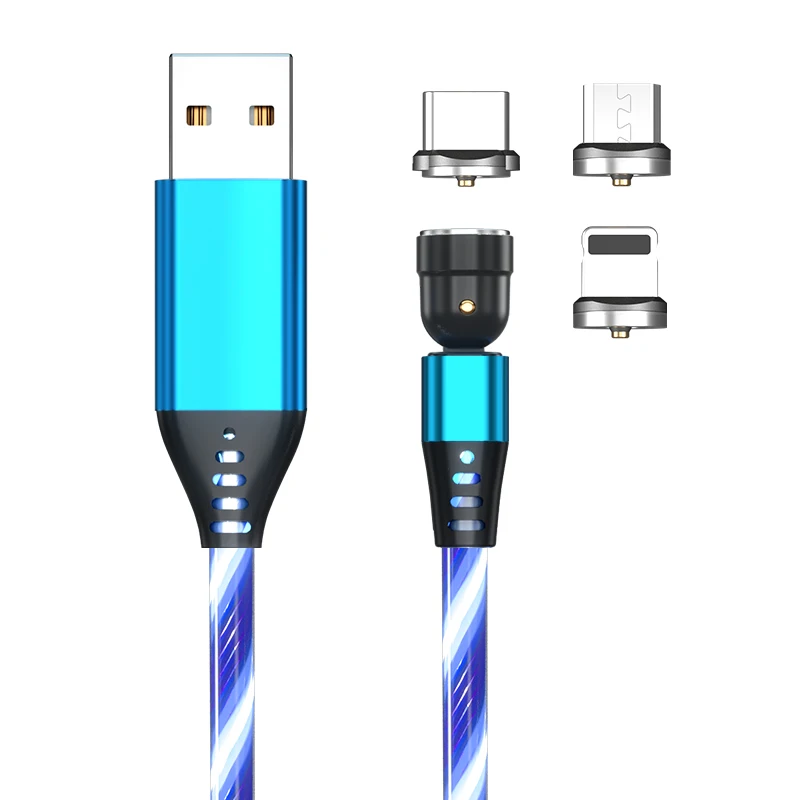 
540 degree rotate magnetic cable fast charging usb cable led luminous flowing micro data cable 