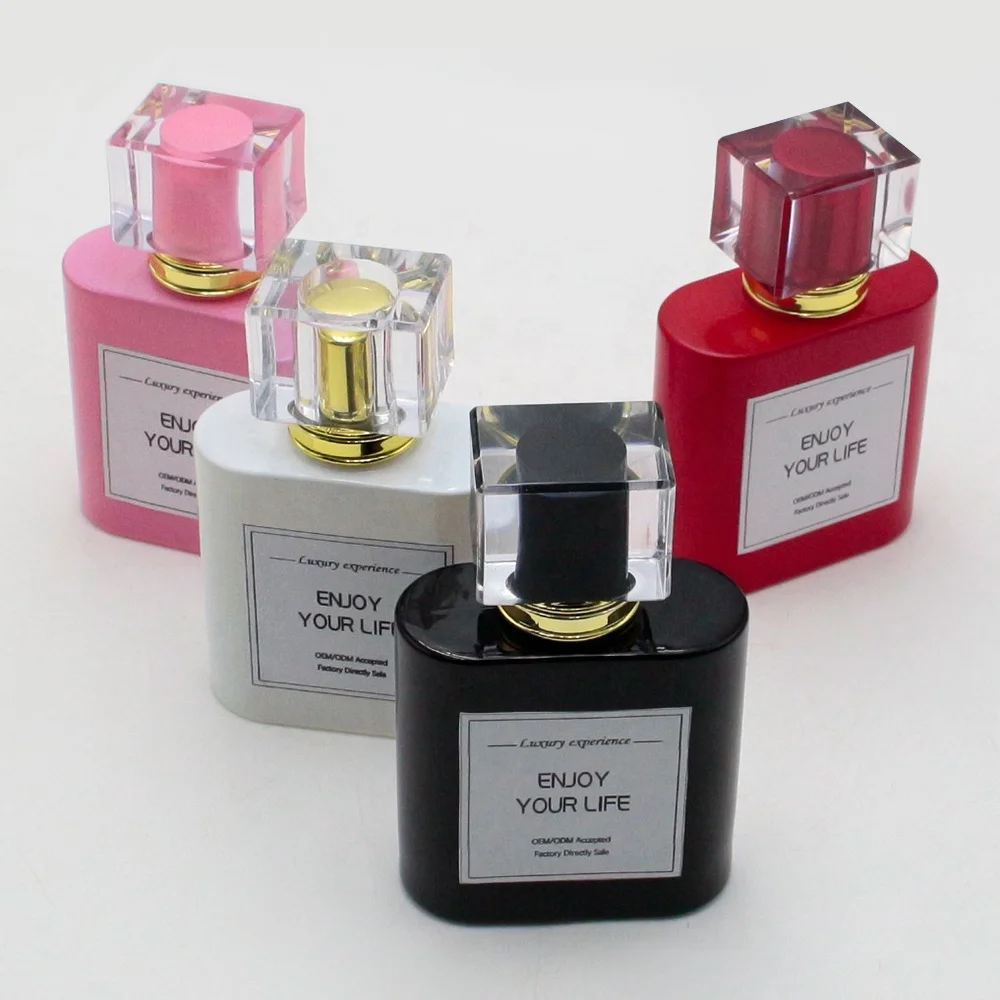 LANGXU red pink black white round side straight shoulder unique flat square perfume bottle  50ml for perfume packaging