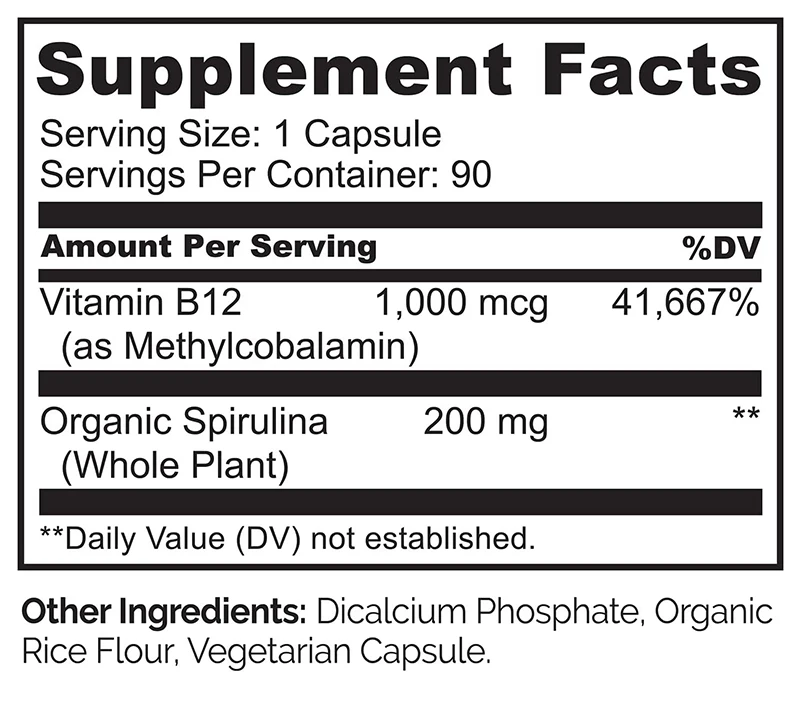 OEM Vegan B12 Capsules Infused with Spirulina 1000MGG,90Capsules Methylcobalamin Dietary Supplement